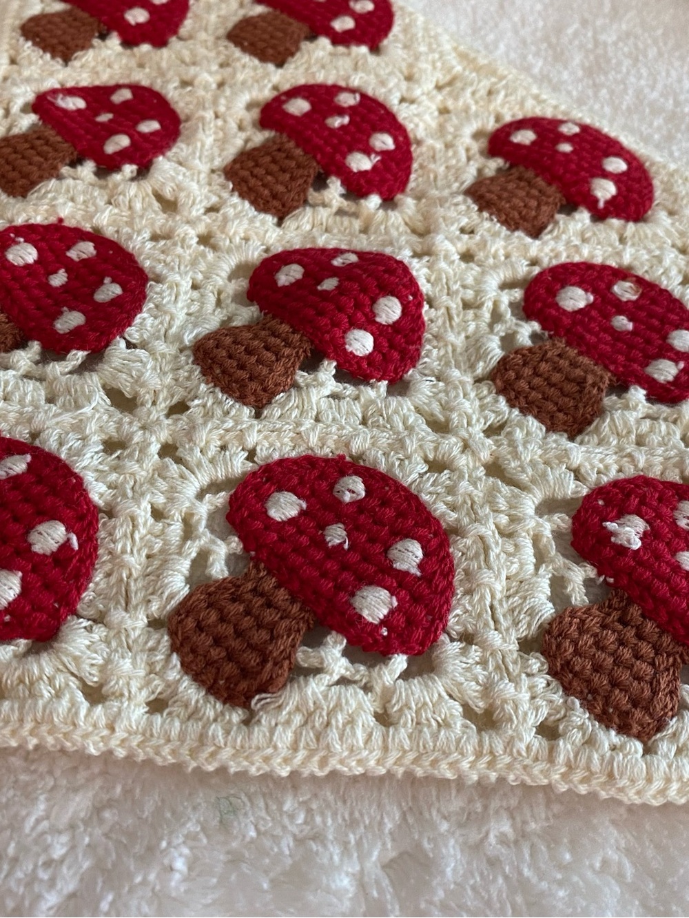 Handmade Cream Crochet Head Scarf with Red Mushroom Appliqués